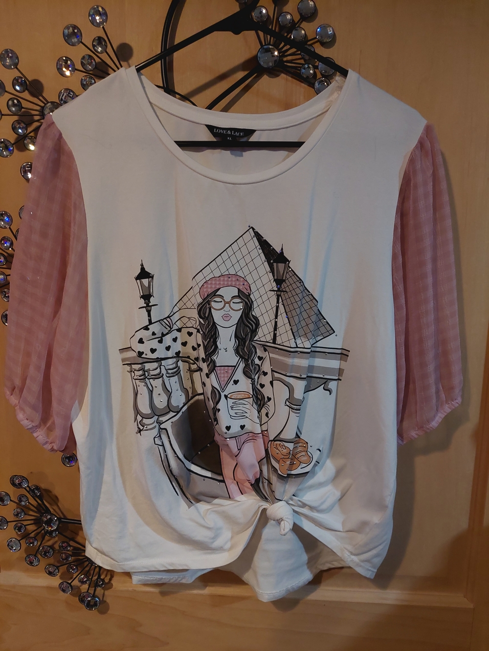 White Graphic Tee with Pink Sheer Sleeves